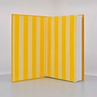 Es gibt keine Texte. Ein aufgeschlagenes Buch mit gelben und hellgelben vertikalen Streifen auf der Innenseite des Covers.