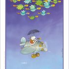 Illustration: Ein Pilot im Flugzeug hält einen Regenschirm. Darüber fliegen bunte Vögel. Darunter steht die Zahl „04“.