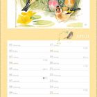 Kalender für April; links Wochentage, rechts kleine Symbole. Oben Gemälde mit vier Vögeln und gelber Blume.