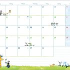 Kalenderblatt April. Wochentage in Blau, Daten in Grün. Humorvolle Illustrationen: Menschen, Tiere, Pflanzen. Gezeichnete Szenen.