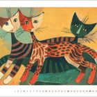 "April" in Rot. Eine Illustration von stilisierten Katzen mit bunten Mustern und fröhlichen Gesichtern auf gelbem Hintergrund.