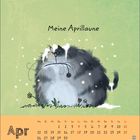 "Meine Aprillaune" steht über einer Illustration einer grimmig schauenden, flauschigen Katze im Schnee auf grünem Hintergrund. Darunter ist ein Kalender für April abgebildet.