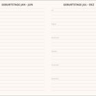 Links sind Monatsnamen Januar bis Juni, rechts Juli bis Dezember, mit Linien zum Eintragen der Geburtstage.