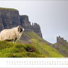 Text: April. Kalender mit einem Widder auf einer grünen Wiese, steile Klippen im Hintergrund unter grauem Himmel.