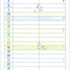 Oben steht "Name", "April", die Wochentage, Nummerierung 1-30. Verspielte Illustrationen von Tieren.