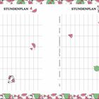 Zwei Spalten mit der Überschrift "STUNDENPLAN". Wochentage und Zeit aufgelistet. Rahmen mit Melonen und Figuren dekoriert.