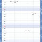 Kalenderseite April, hellblau, mit Wochentagen und Monatszahlen. Möwen fliegen vor Muschelmuster.