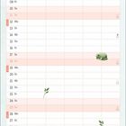 Kalender für April mit Wochentagen. Illustration von Kleeblättern, Frosch und einem Eichhörnchen auf einem Baumstumpf.