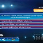 Quizfrage über Bedeutung von "Banausen". Optionen A-C. Kalender unten. Kategorie "Fremdwörter".