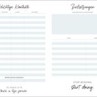 Links: "Wichtige Kontakte" mit Spalten für Name, Telefon, E-Mail, Notizen. Rechts: "Zielsetzungen" mit Feldern für Ziele und Lebensbereiche. Unten: "TO TEACH IS TO touch a life forever." und "STOP WISHING, start doing."