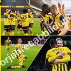 Kalender für April 2026, gelb-schwarzes Fußballthema, Team feiert Tore. Großes "4", "Vorjahresabbildung" diagonal. BVB-Logo.