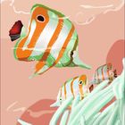 Text: "04". Illustration von farbenfrohen Fischen mit orange-weißen Streifen, umgeben von Pflanzen auf rosa Hintergrund.