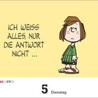 "Ich weiß alles, nur die Antwort nicht..." Januar KW 1. Dienstag der 5. Illustration eines Kindes mit kurzem Haar und grünem Shirt.