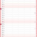 Kalender für April mit Wochentagen. Bereiche für Notizen. Rot-weiße, gepunktete Rahmen.