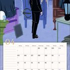 Kalenderblatt für April mit Wochentagen und Zahlen. Illustration: Person vor großem, offenen Kleiderschrank.