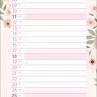 Kalenderblatt für April; Tage und Wochentage in Rosa. Florale Illustrationen mit Vögeln und großen Blumen am Rand.