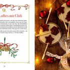 Schoko-Lollies mit Chili Rezept. Schokolade, Cayennepfeffer, Puderzucker, Holzstäbchen. Rechts: Lollies auf Tellern, rote Kugeln, Lichter.