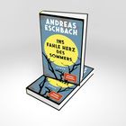 Der Text "ANDREAS ESCHBACH, INS FAHLE HERZ DES SOMMERS, ROMAN, SPIEGEL Bestseller". Zwei Bücher mit blauem Cover und gelbem Kreis.