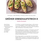 "Grüner Erbsenaufstrich. Sommer auf dem Brot. Für 2 Personen. 20 Min. Zubereitung. Pro Portion: 345 kcal. Zutaten: Erbsen, Pinienkerne."