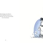 Text: "Beide schweigen einen Moment. Doch die Stille fühlt sich leicht an, so, als würden ganz viele warme Sonnenstrahlen um sie herumtanzen."
Illustration: Ein Mensch mit einem Kind auf den Schultern, umgeben von Gras und Blumen, unter einem blauen Kreis.