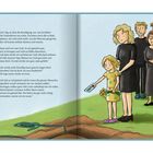 Texte über Beerdigung, Gefühle und Gespräche. Illustration: Kind am Grab mit Blumen und Brief "Papa", Erwachsene im Hintergrund.