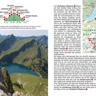 Grafik: Wanderroute mit Stationen. Foto: Berge, See und Almhütte. Karte mit markiertem Wanderweg und Landschaft.