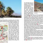 Oben: "Die Palmenallee vor dem Weingut." 
Unten links: Karte mit roten Wegen und Höhenangaben. 
Rechts oben: Feigenkakteen bei Vulkanlandschaft.