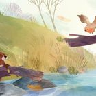 Illustration eines Bibers, der an einem Flussufer sitzt, während ein Vogel auf einem Ast landet.