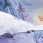 Illustration einer verschneiten Landschaft mit Bäumen, einem Fluss und einem fliegenden Vogel.