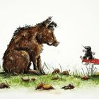 Ein Wildschwein schaut ein fröhliches Maulwurf auf einem Fliegenpilz an, umgeben von Gras und Herbstblättern. Illustration.
