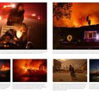 Verschiedene Fotos von Feuern, Evakuierung und Zerstörung in Kalifornien. Menschen in Gefahr und brennende Landschaften.