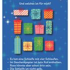Text: „Jeder nur eines! Und welches ist für mich?“ Zahl 18 im Ornament. Elf Geschenke vor blauem Hintergrund mit Sternen.