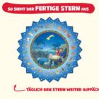 "So sieht der fertige Stern aus. Täglich den Stern weiter auffächern." Runde Illustration mit Krippenszene und Sternenhimmel.