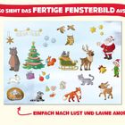 "So sieht das fertige Fensterbild aus". Illustration mit Weihnachtsmotiven: Tiere, Weihnachtsmann, Baum, Schlitten und Geschenke.