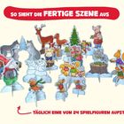 Illustration von versammelten Tieren und Weihnachtsmotiven. Oben: "SO SIEHT DIE FERTIGE SZENE AUS", unten: "TÄGLICH EINE VON 24 SPIELFIGUREN AUFSTELLEN".