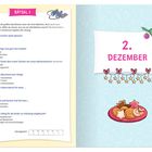 Links ein gelbes Rätsel auf Deutsch mit Auswahlfragen. Rechts "2. Dezember" in rosa auf weißem Hintergrund. Darunter Keksteller.