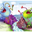 Boing! Bunte Monster hüpfen fröhlich in einer farbenfrohen Landschaft mit kleinen Häuschen und lustigen Kreaturen.