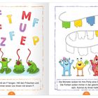 Links: Buchstaben F, V, T, M, U, B, Z, E, P schweben. Frösche greifen mit langen Zungen. Rechts: Bunte Monster basteln Girlande.