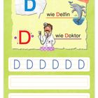 Großer blauer Buchstabe "D", Text: "wie Delfin", "wie Doktor". Illustration von Delfin und Arzt. Schreiblinien für "D".