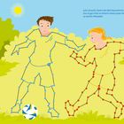 Text: "Julia versucht, Kerem den Ball abzunehmen."

Illustration von Kindern, die mit Punkten verbunden sind und Fußball spielen.
