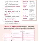 Textdialog auf Französisch über Polizisten, mit einer zweisprachigen Vokabelliste und Konjugationsübung zu „s’asseoir“.