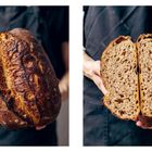 Zwei Bilder: links ein ganzes, dunkel gebackenes Brot, rechts das Brot aufgeschnitten mit luftiger Krume.