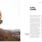 Titel: "Luka Lindič". Text über Kletterprojekte, Ziele und Erfahrungen. Links ein Mann, der an einer Felswand klettert.