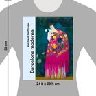 Text: „Von Gaudi bis Picasso“, „Barcelona moderna“, „24 b x 30 h cm“. Illustration: Person mit bunter Kleidung, florales Muster.