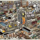 Eine detaillierte Illustration einer Industrielandschaft mit Schildern wie "HOCHOFEN", "METALLSCHROTT", "WALZWERK".