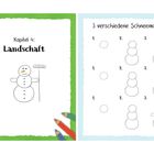 Links: "Kapitel 4: Landschaft" mit Schneemann und Besen. Rechts: "3 verschiedene Schneemänner" mit nummerierten Bildern.