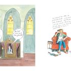 Links: "Mein Mann betrügt mich!" "Das hat er mir auch schon gebeichtet." Rechts: Frau im Sessel telefoniert.