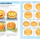 "GROSSFLÄCHIG SCHÄLEN" und Anleitungen für Kürbisgesichter mit Motiven wie Pirat, Katze und anderen.