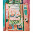 Illustration eines offenen Fensters mit Topfpflanzen. Helle Farben. Links und rechts bunte Fensterläden.