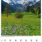 Kalenderseite April 2027. Wiese mit gelben und lila Blumen, Bäume, Bergkette mit Schnee, blauer Himmel und Wolken.